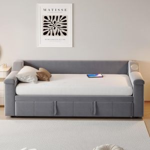 Sofá cama convertible usb, bluetooth, almacenaje 90/180x190cm gris