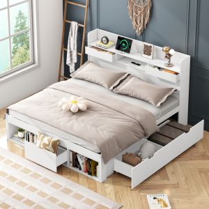 Cama juvenil 140x190cm con usb, tipo c y almacenaje madera – blanco