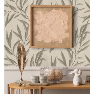 Papel pintado gaulan  lavable de hojas alargadas beige y marrón 5.33m²