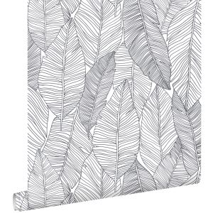 Estahome papel pintado hojas dibujadas negro y blanco 53 cm x 10.05 m