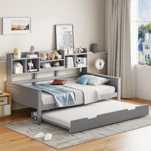 Cama nido 90x200cm con compartimentos y somier, madera – gris