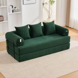 Sofá modular de pana verde esmeralda con bolsillo lateral y 3 cojines