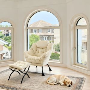 Sillón relax con reposapiés tela beige con bolsillo lateral