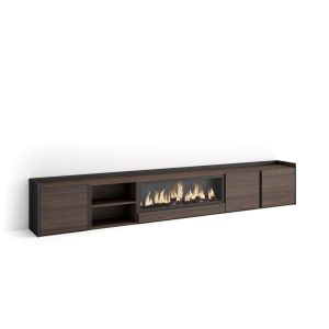 Mueble tv, 315x35x50cm, roble oscuro y negro, chimenea eléctrica xxl rf4608