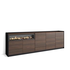 Aparador, 260x37x80cm, roble oscuro y negro, chimenea eléctrica rf4247