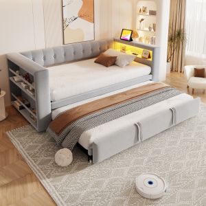Cama nido 90/180x190cm con LED, enchufes y almacenaje franela – gris claro