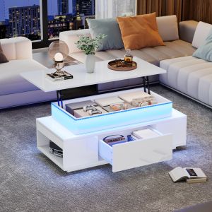 Mesa de centro elevable con LED madera aglomerada blanco 40x96x45cm