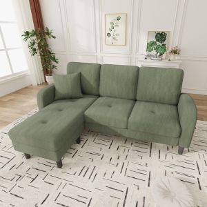 Sofá chaise longue modular de pana verde 3 plazas para salón y apartamento