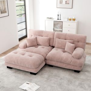 Sofá modular con otomana chenilla rosa 2 plazas con cojines y brazos anchos