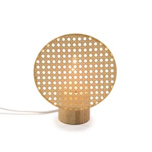 Lámpara sobremesa natural con pantalla efecto ratán y base de madera