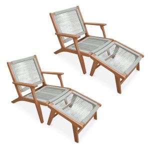 Silla de jardín de madera y cuerda con reposapiés, set de 2 pardo
