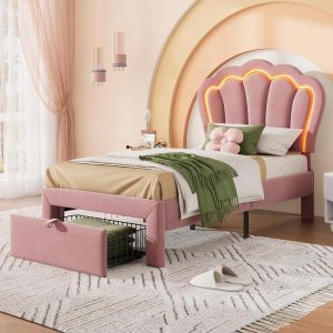 Cama infantil 90x190cm con almacenaje LED rosa