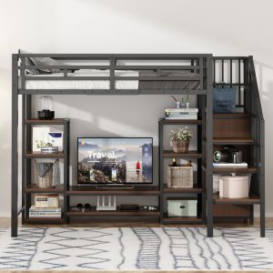 Cama alta 90x200cm con soporte para tv, enchufe y estantes, metal+mdf negro