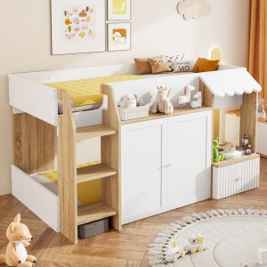 Cama semi alta 90x200cm con escalera y almacenaje madera blanco y natural