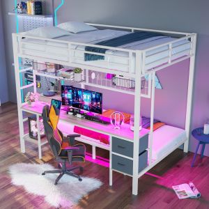 Cama alta 90/140x200cm con escritorio, cajones, usb y LED metal+mdf blanco