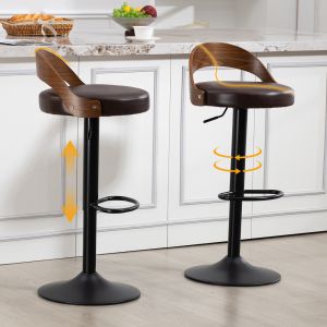 Taburete de bar giratorio ajustable pu marrón respaldo set 2