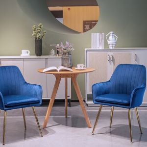 Silla comedor tela azul con reposabrazos set de 2 patas doradas