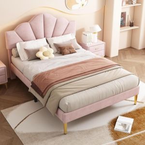 Cama doble 140x190cm terciopelo capitoné patas doradas ajustable rosa