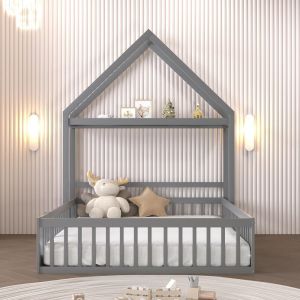 Cama infantil 140x200cm con barrera, almacenaje y armario gris