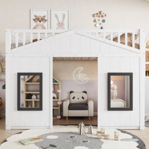 Litera infantil 90x200cm con escalera y barandilla blanca