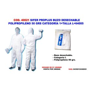 Sifer traje protector buzo desechable polipropileno 50gr categoría 1 talla