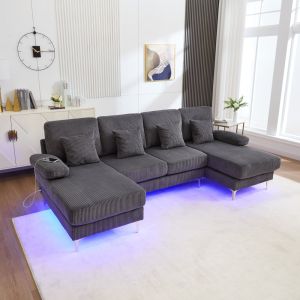 Sofá en u terciopelo gris 4 plazas con LED y puerto usb