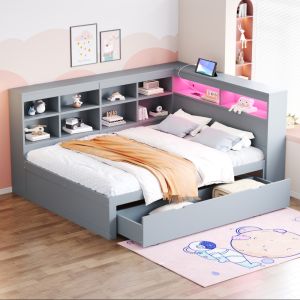 Cama de madera 140x200 cm con cajones, estantes, usb y LED – color gris