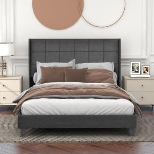 Cama doble 140x200 cm, cabecero acolchado, colchón de muelles, gris