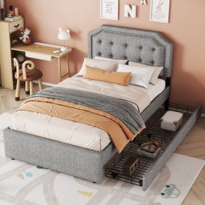 Cama individual 90x200cm con almacenaje y cabecero regulable mdf – gris