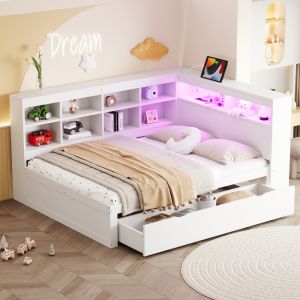 Sofá cama 140x200 cm con almacenaje usb y luz LED madera maciza – blanco
