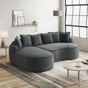 Sofá modular en l de chenilla gris con chaise longue y cojines