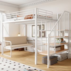 Litera 140x200cm con sofá desmontable escalera con almacenaje metal blanco
