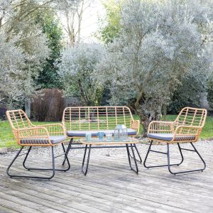 Conjunto de muebles de jardín tiga de resina tejida, 4 pl. Cojines grises