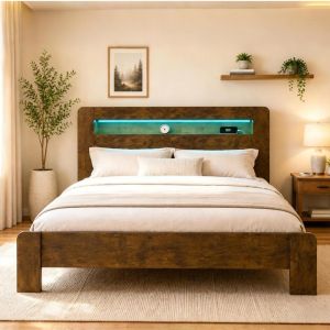 Cama plataforma 180x200cm madera con almacenaje cabecero LED marron