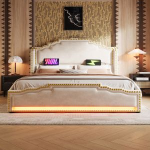 Cama tapizada 160×200,4 cajones,terciopelo,beige,sin colchón.