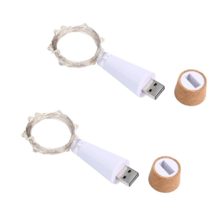 2x tapón botella 20 LEDs usb recargable con guirnalda 2m blanco 3000k