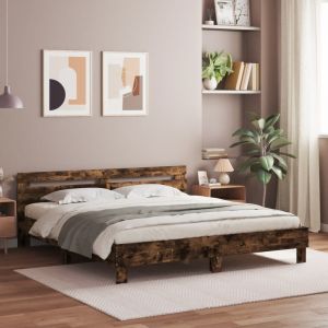 Cama cabecero y luces LED roble ahumado 160x200cm reg4879