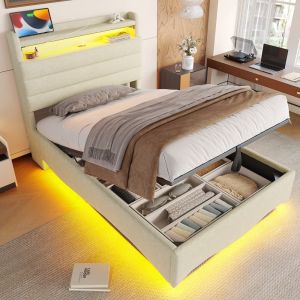 Cama tapizada 90x200 cm con LED, usb y almacenaje lino – beige
