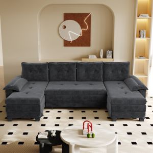 Sofá cama en u chenilla gris 4 plazas con usb
