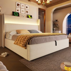 Cama tapizada 180x200cm canapé LED usb carga lino beige con colchón
