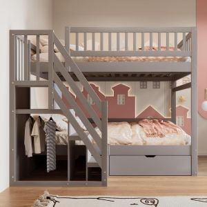 Litera de madera maciza 140x200 cm, escalera con cajones, gris
