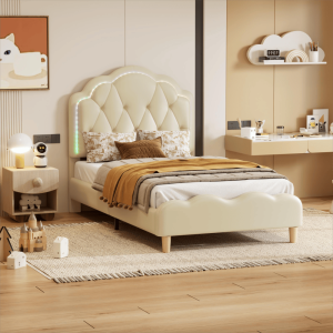 Cama tapizada 90x200cm con LED multicolor pu – beige