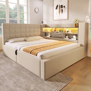 Cama tapizada 140x190 cm con LED, carga usb y almacenaje lino – color beige