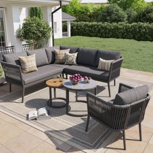 Conjunto sofá jardín modular metal y olefina gris 5-6 plazas 2 mesas