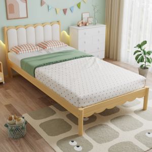 Cama tapizada 90x200cm con cabecero acolchado pu madera maciza beige