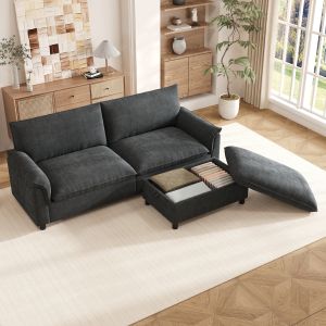Sofá modular de chenilla negro con otomana y función cama 216x77x82cm