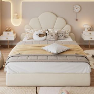 Cama doble tapizada de terciopelo 140x200cm con cabecero beige