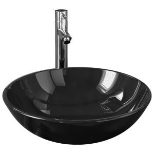 vidaXL lavabo y grifo tapón pulsador cristal templado negro
