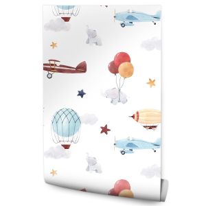 Papel Pintado Globos Coloridos Avión Nubes Estrellas 53cm x 10m
