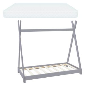 Cuna tipi con somier 70x140 cm gris claro de madera ml-design